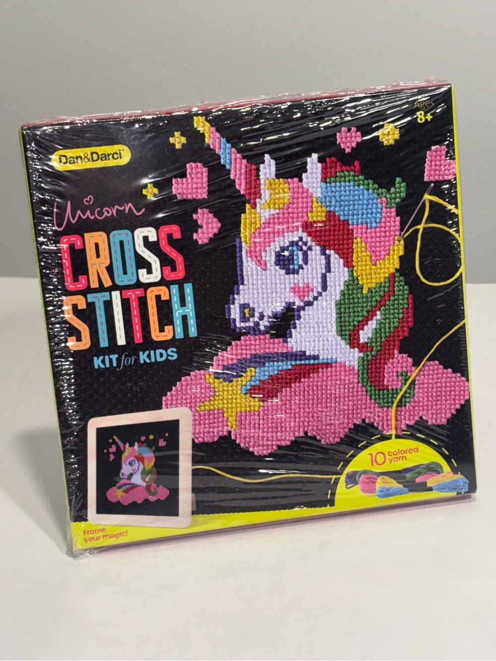 Dan & Darci Unicorn Cross Stitch Kit for Kids, Yarn & Frame